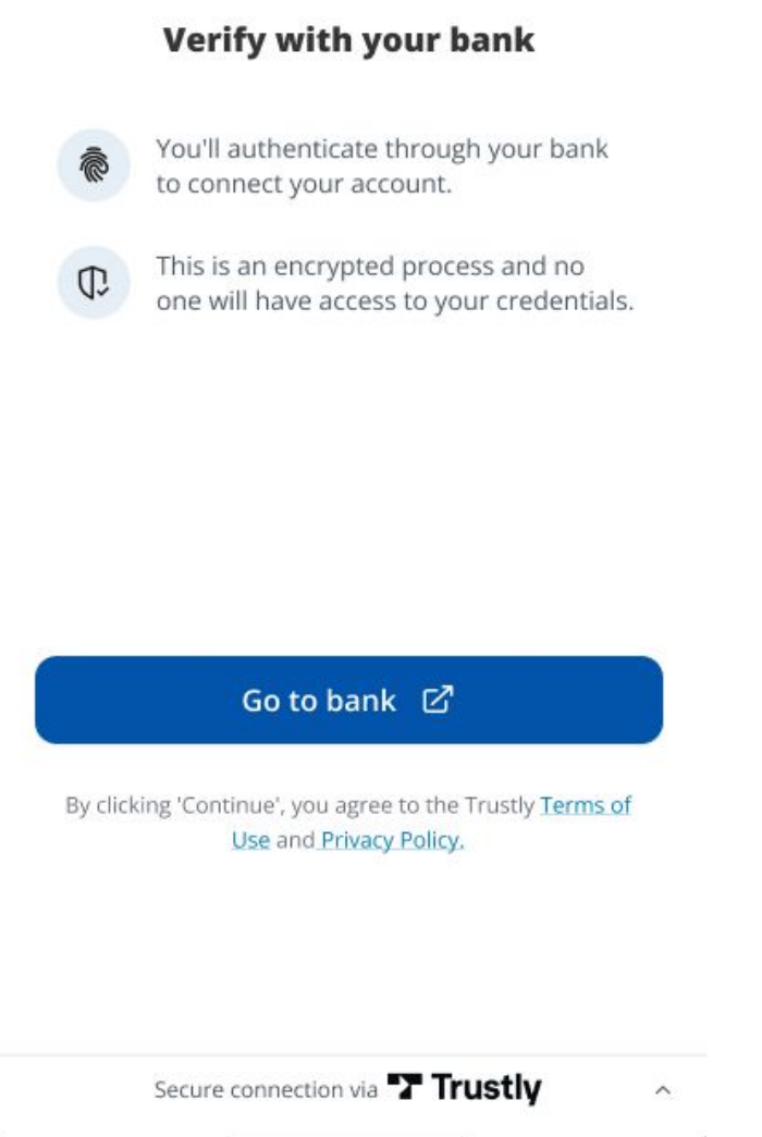 Research-informed production screen with Verify with your bank headline and concise privacy reassurance